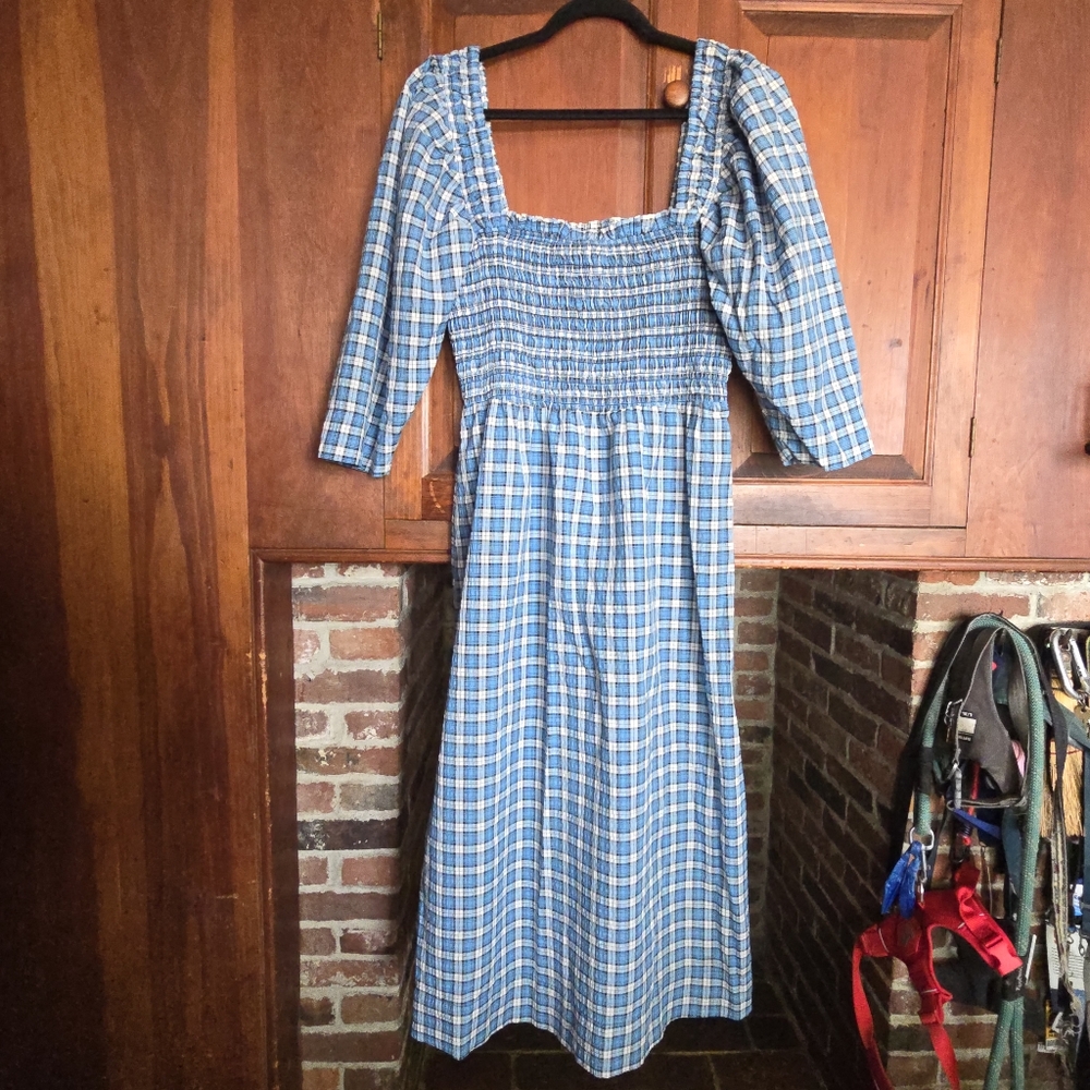 Ganni Shirred Checked Cotton-Blend Seersucker Blue Midi Dress EU 44 | XL | US 14